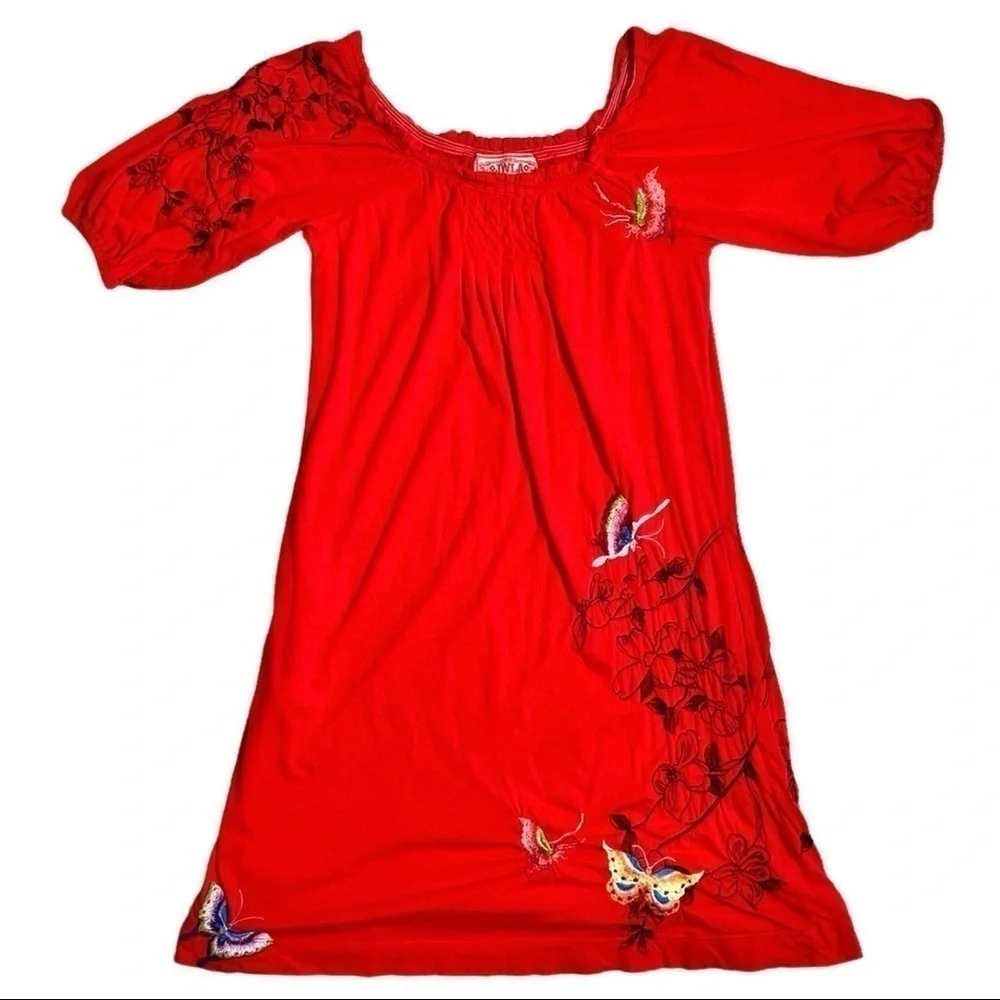 JW Los Angeles Johnny Was Red Multi Floral Butterfly Embroidered Dress Small